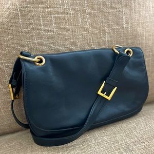 Valerie Stevens black leather shoulder bag with gold hardware 7x11”